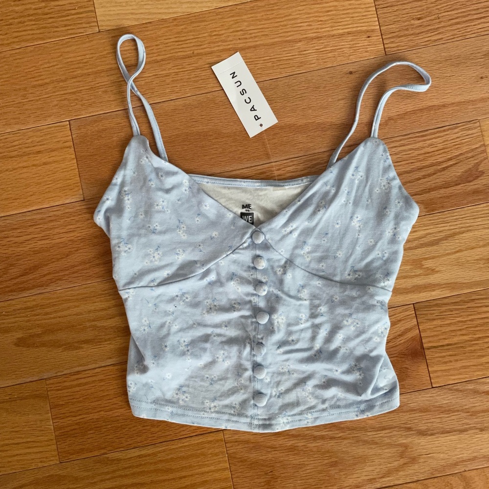 Light blue pac sun crop top tank top with little white flowers